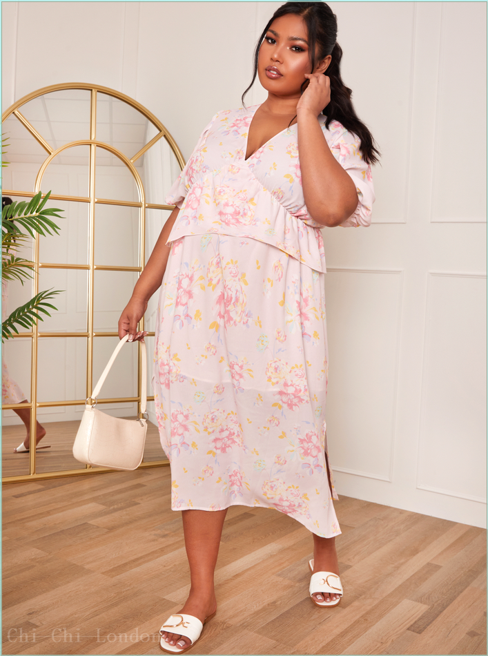  Plus Size Short Sleeve Floral Printed Midi Dress in Pink KH200CPI