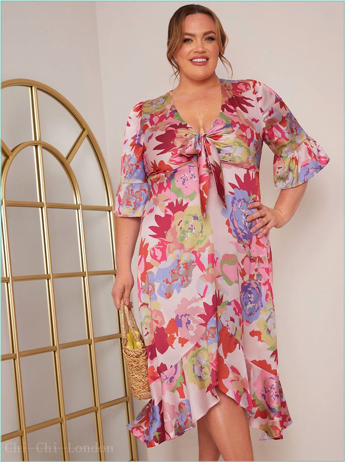  Plus Size Short Sleeve Tie Front Floral Midi Dress in Pink FA23103CPI