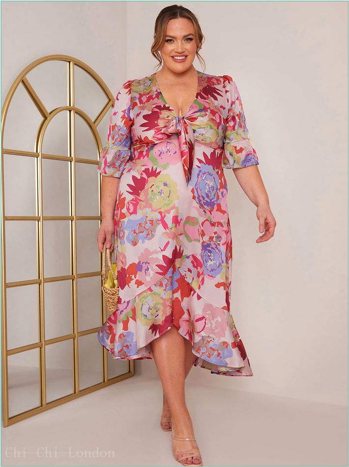  Plus Size Short Sleeve Tie Front Floral Midi Dress in Pink FA23103CPI