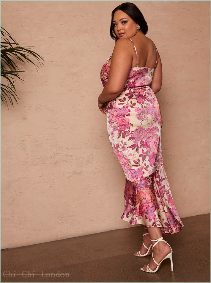  Plus Size Sleeveless Floral Print Ruffle Midi Dress in Pink 1630CPI