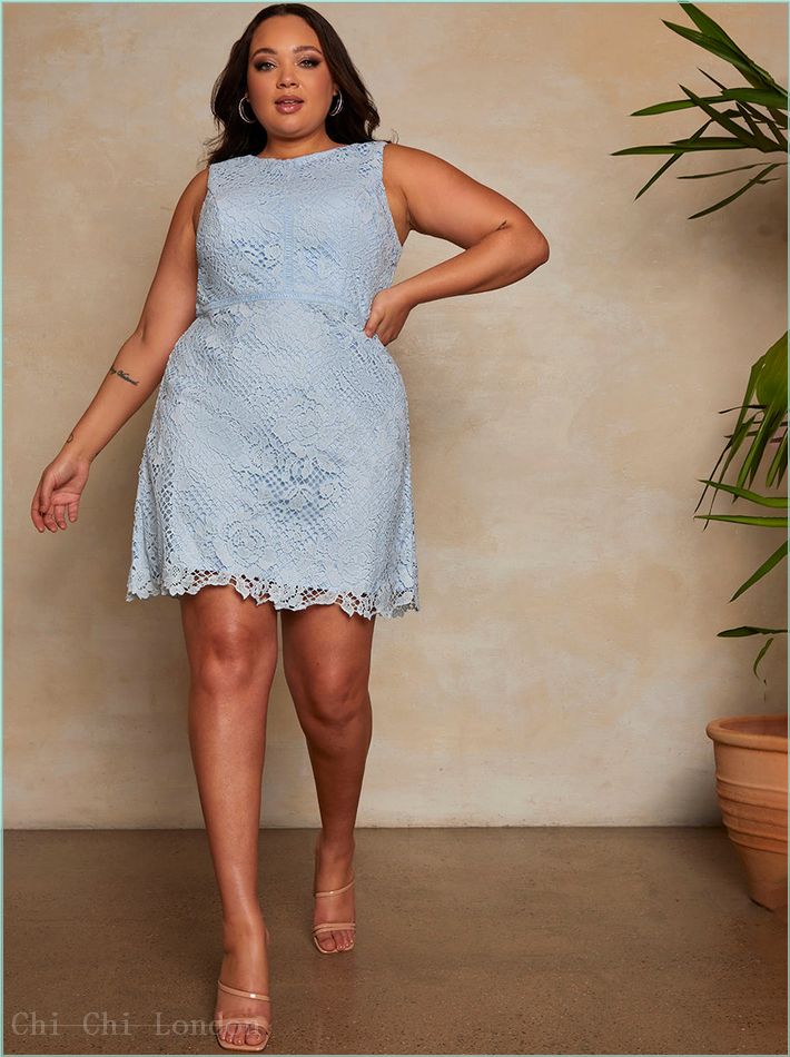  Plus Size Sleeveless Premium Lace Mini Dress in Blue 53282CBL