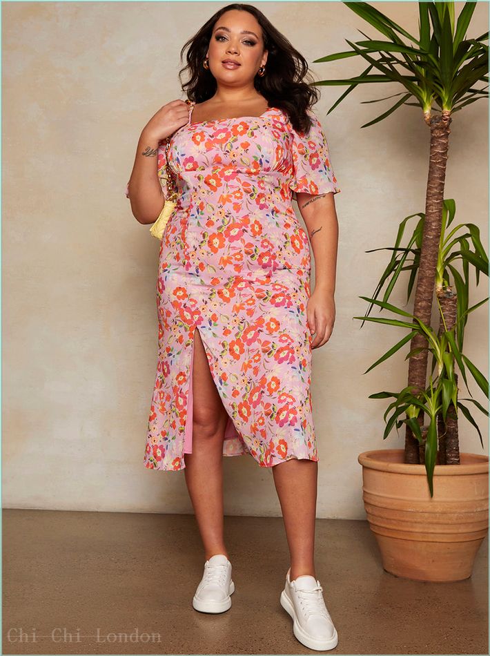  Plus Size Square Neck Floral Print Midi Dress in Pink 91025CMU