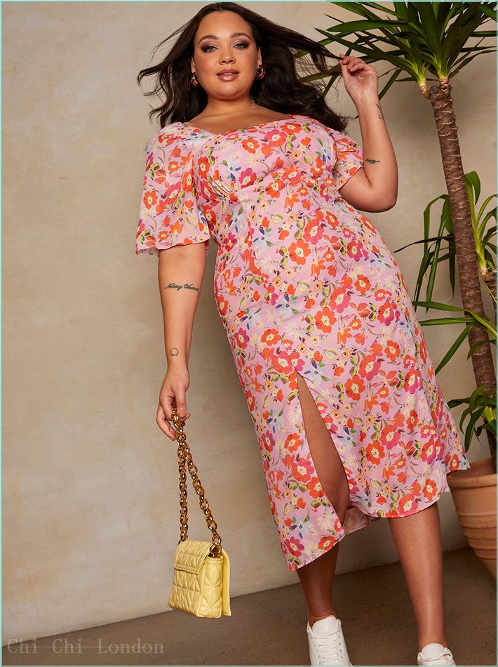  Plus Size Square Neck Floral Print Midi Dress in Pink 91025CMU