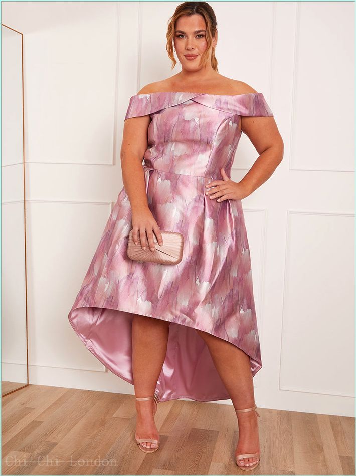  Plus Size Watercolour Print Bardot Dip Hem Dress in Pink 71226CPPI