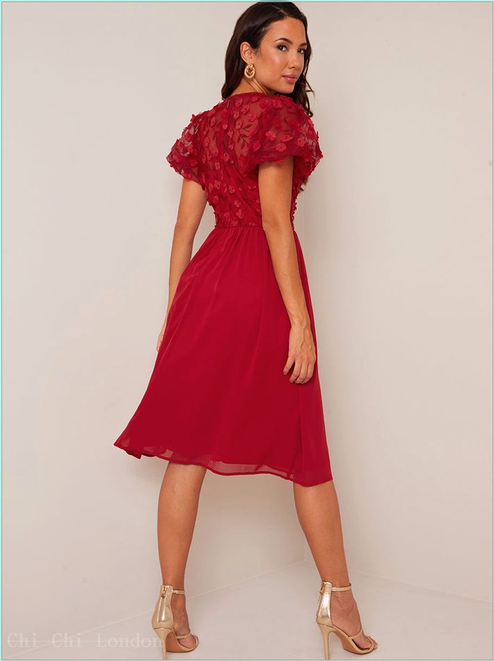  Puff Sleeve 3D Lace Midi Dress in Berry 53378BER