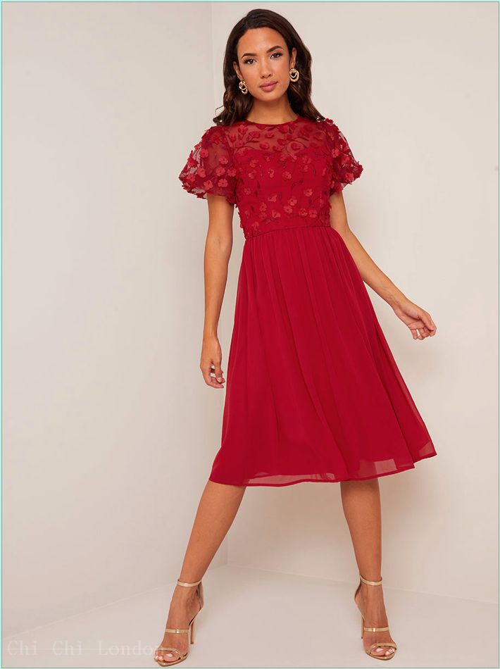  Puff Sleeve 3D Lace Midi Dress in Berry 53378BER