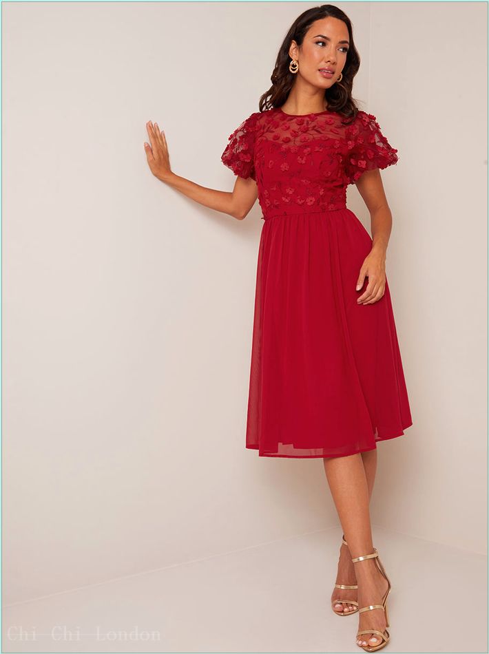  Puff Sleeve 3D Lace Midi Dress in Berry 53378BER