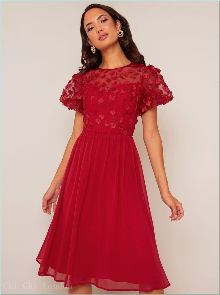  Puff Sleeve 3D Lace Midi Dress in Berry 53378BER