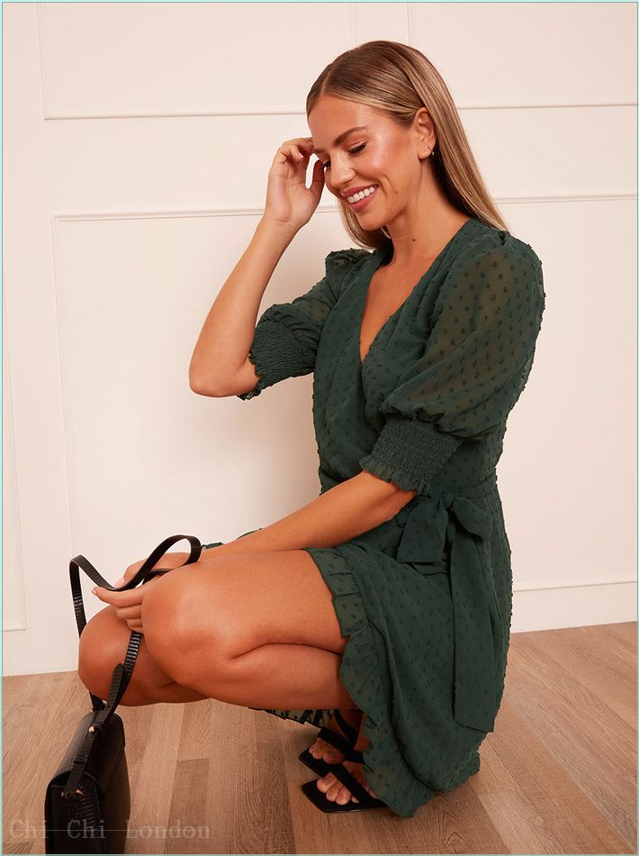  Puff Sleeve Dobby Wrap Dress in Green SM00016GN