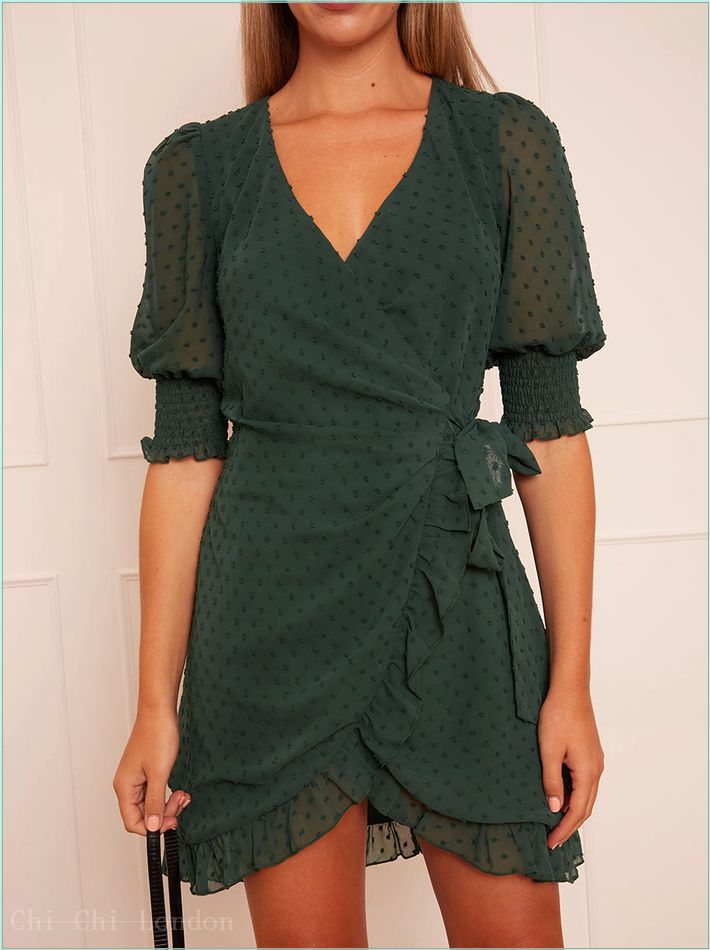  Puff Sleeve Dobby Wrap Dress in Green SM00016GN