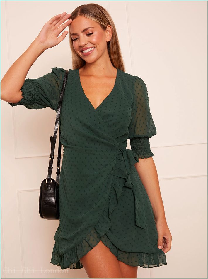  Puff Sleeve Dobby Wrap Dress in Green SM00016GN