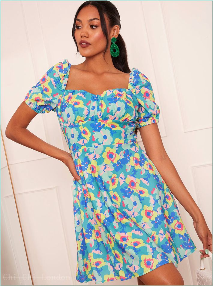  Puff Sleeve Floral Print Mini Dress in Green KH310GN