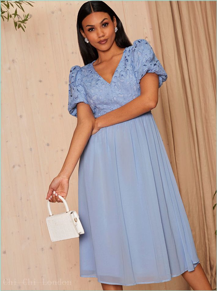  Puff Sleeve Premium Lace Midi Dress in Blue MO0023BL