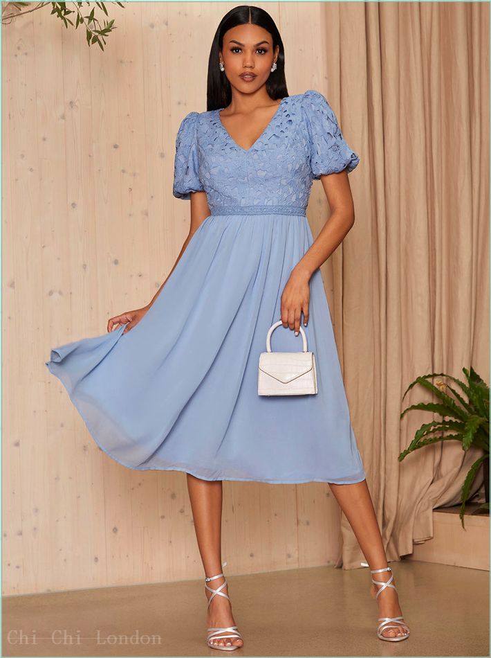  Puff Sleeve Premium Lace Midi Dress in Blue MO0023BL