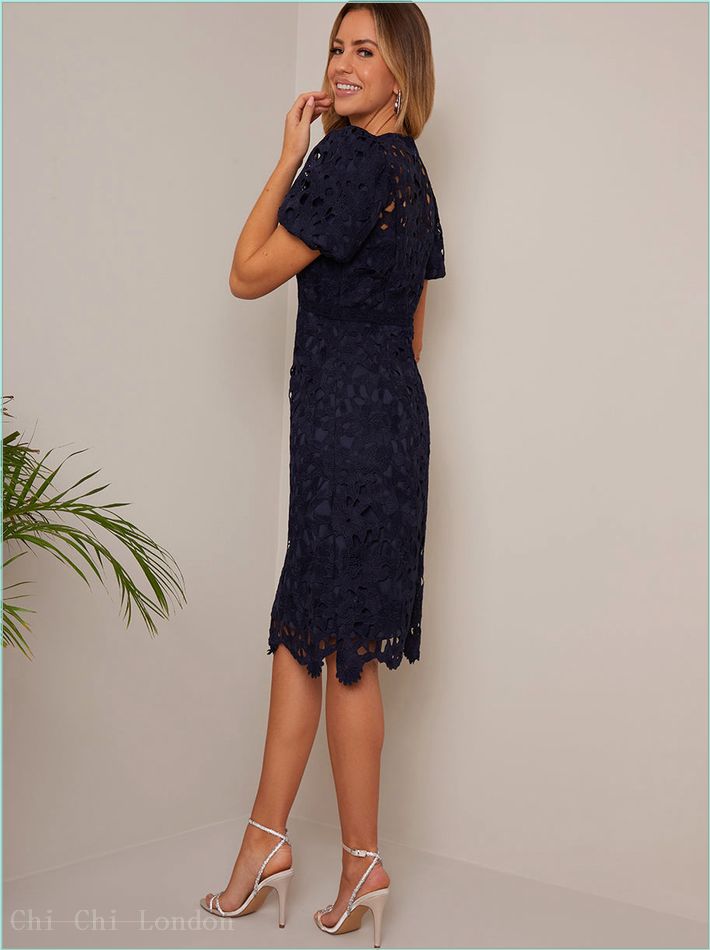  Puff Sleeve Premium Lace Mini Dress in Navy MO0011NB