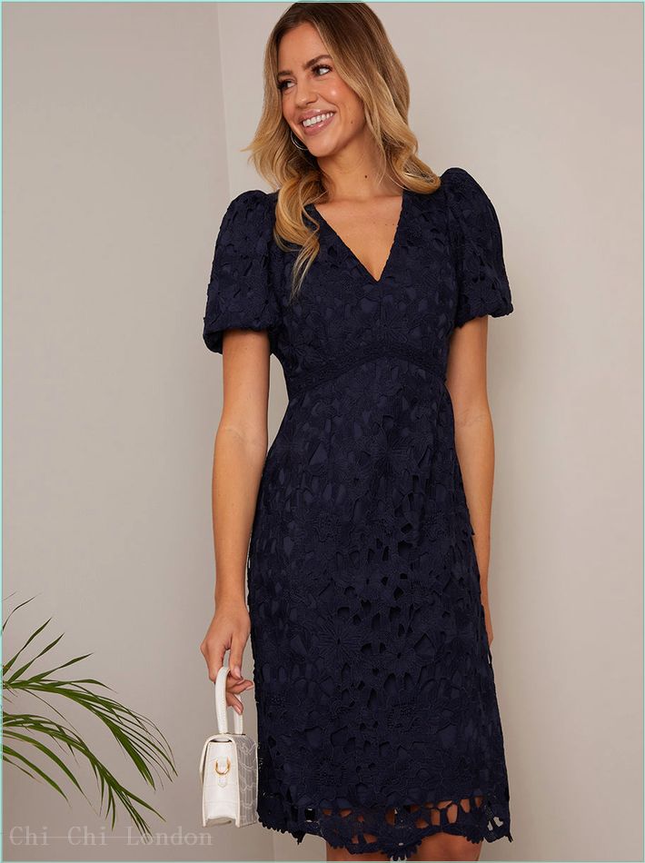  Puff Sleeve Premium Lace Mini Dress in Navy MO0011NB