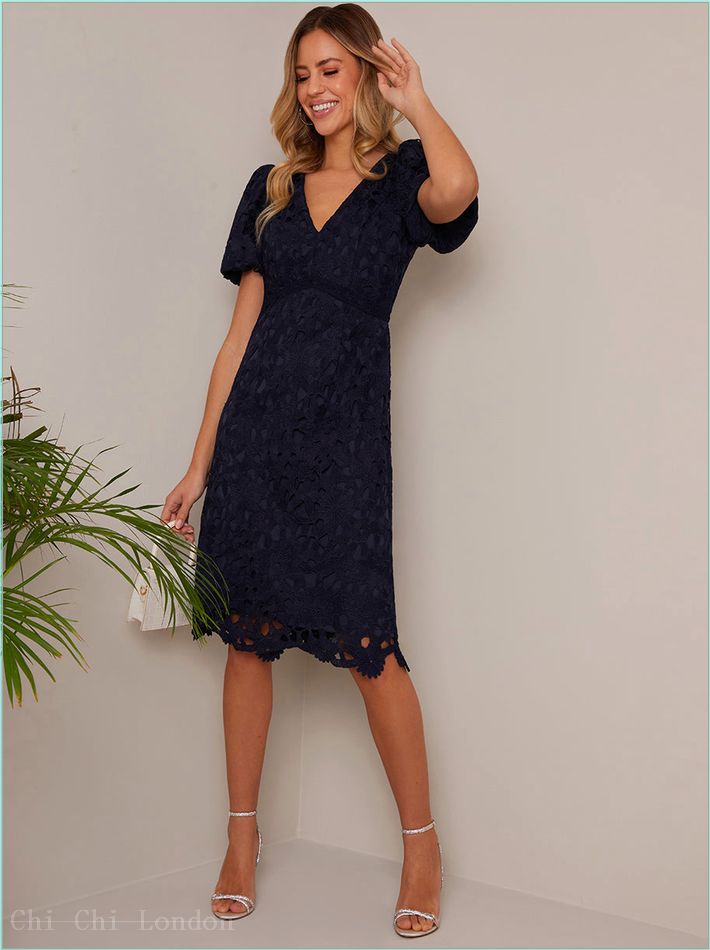  Puff Sleeve Premium Lace Mini Dress in Navy MO0011NB