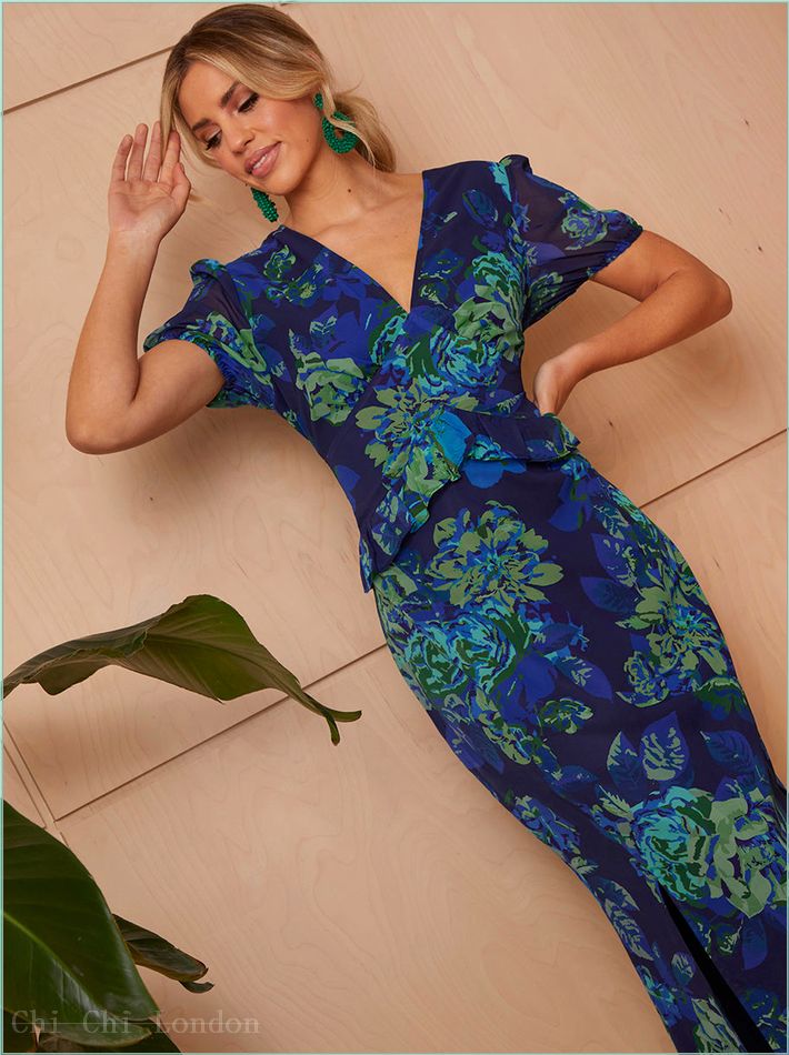  Puff Sleeve Ruflle Detail Floral Midi Dress in Navy FA23106NB