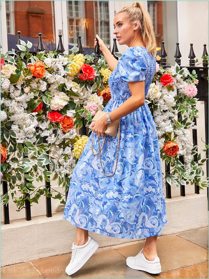  Puff Sleeve Swirl Print Midi Dress in Blue CT242BL