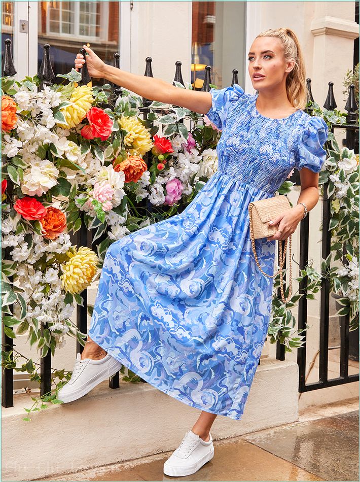  Puff Sleeve Swirl Print Midi Dress in Blue CT242BL