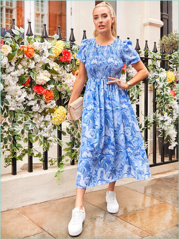  Puff Sleeve Swirl Print Midi Dress in Blue CT242BL