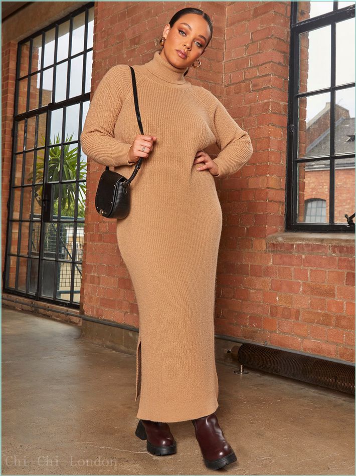  Roll Neck Oversized Jumper Dress in Camel EMKN04CM