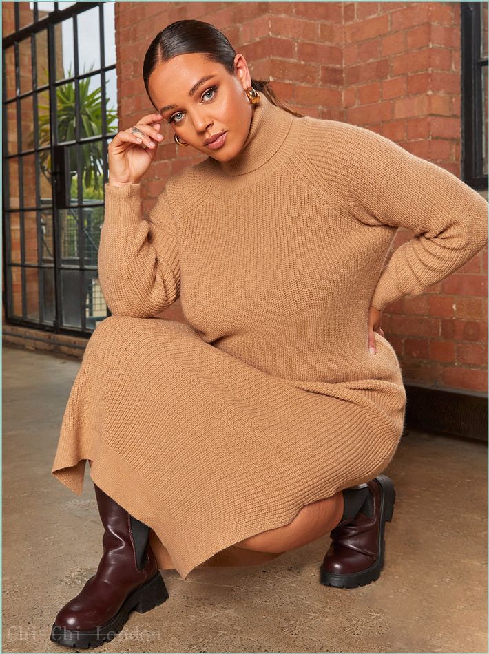  Roll Neck Oversized Jumper Dress in Camel EMKN04CM