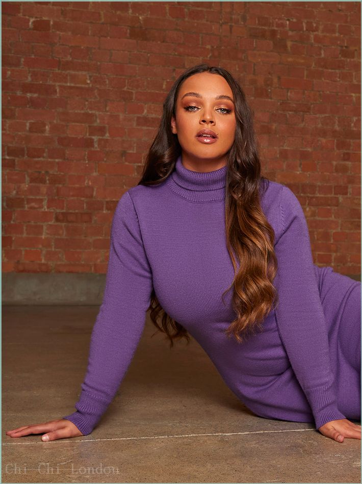  Roll Neck Oversized Jumper Dress in Purple FA21386PUR