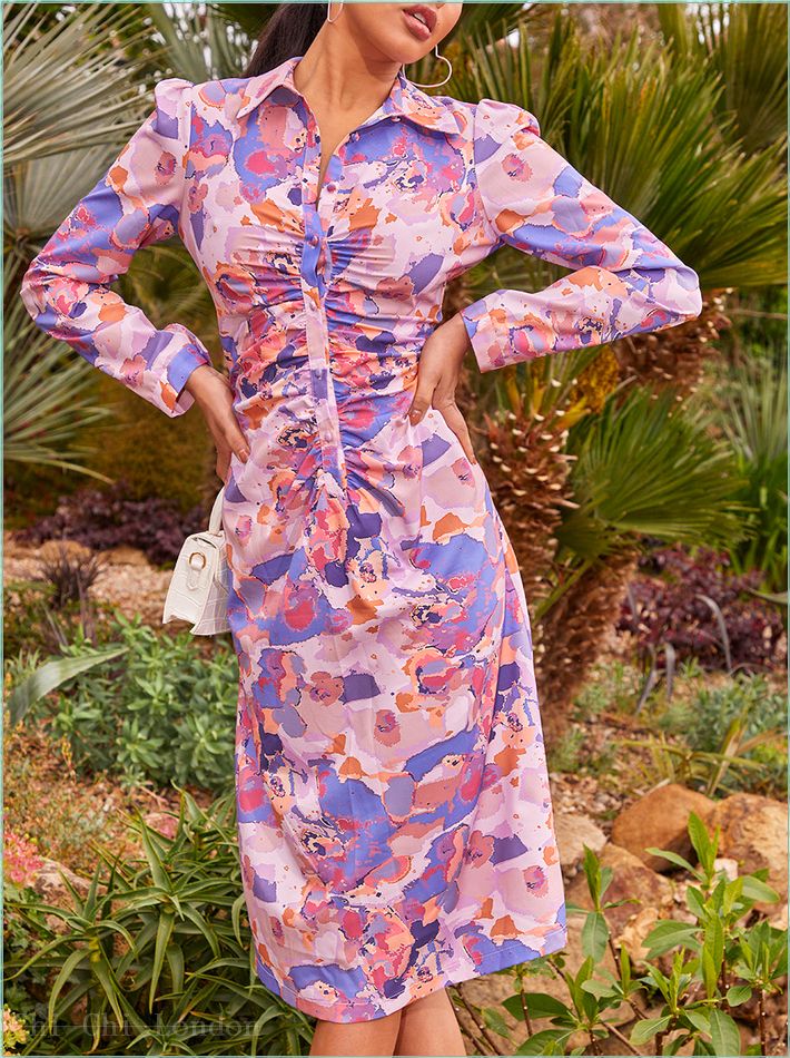  Ruched Abstract Print Shirt Dress in Purple 71210LIL