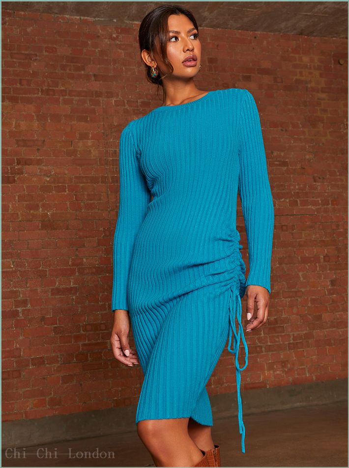  Ruched Side Detail Knitted Midi Dress in Blue FA21388BL