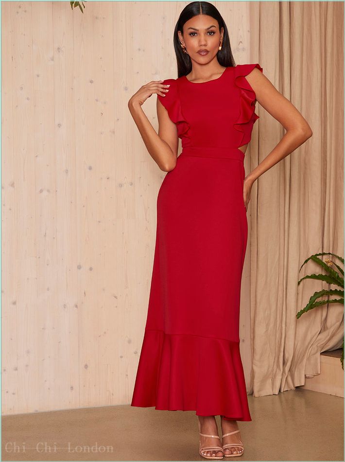  Ruffle Sleeve Cut Out Back Maxi Dress in Red PA2004MRE