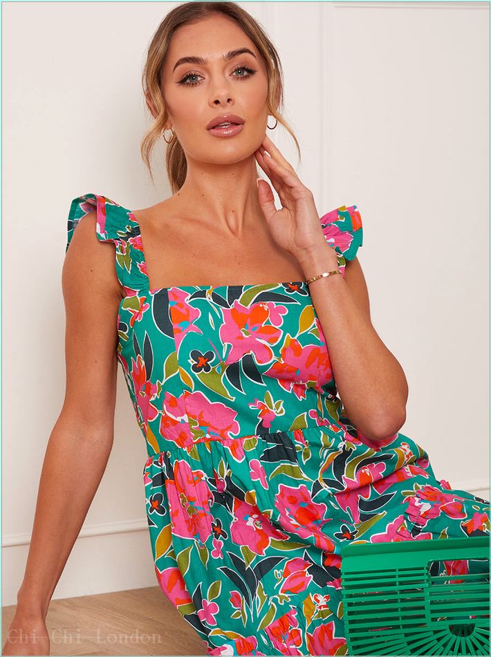  Ruffle Sleeve Floral Mini Dress in Green HC1433MU