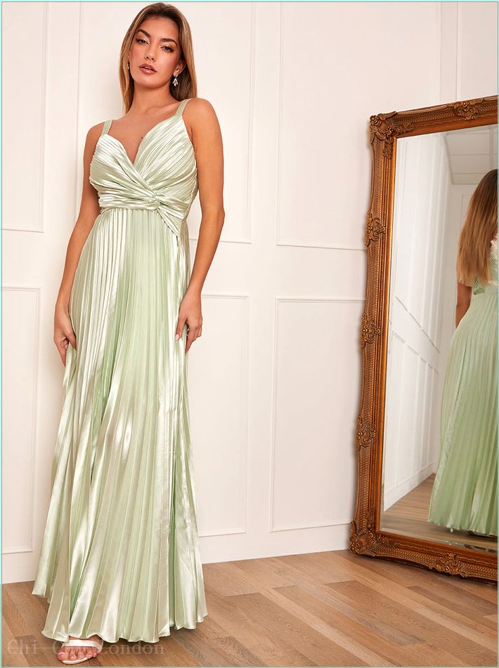  Satin Cami Strap Pleated Maxi Dress in Mint VT21172MT