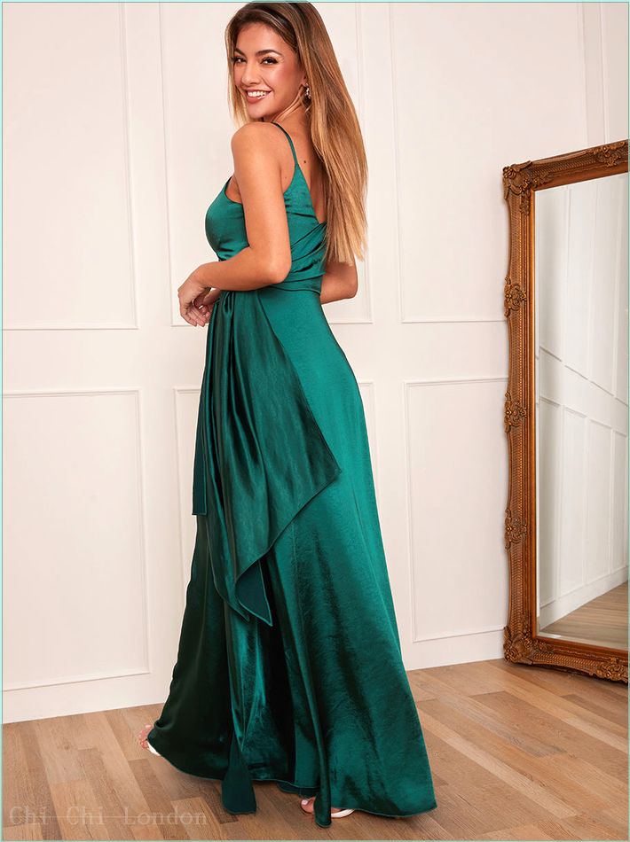  Satin Cami Strap Wrap Maxi Dress in Green 20067MAGN