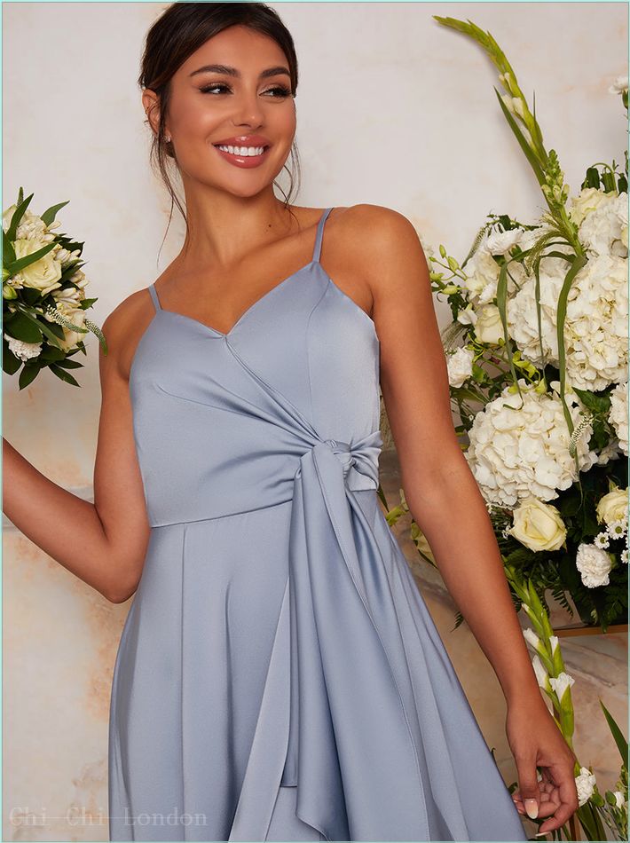  Satin Cami Strap Wrap Midi Dress in Blue 2057BL