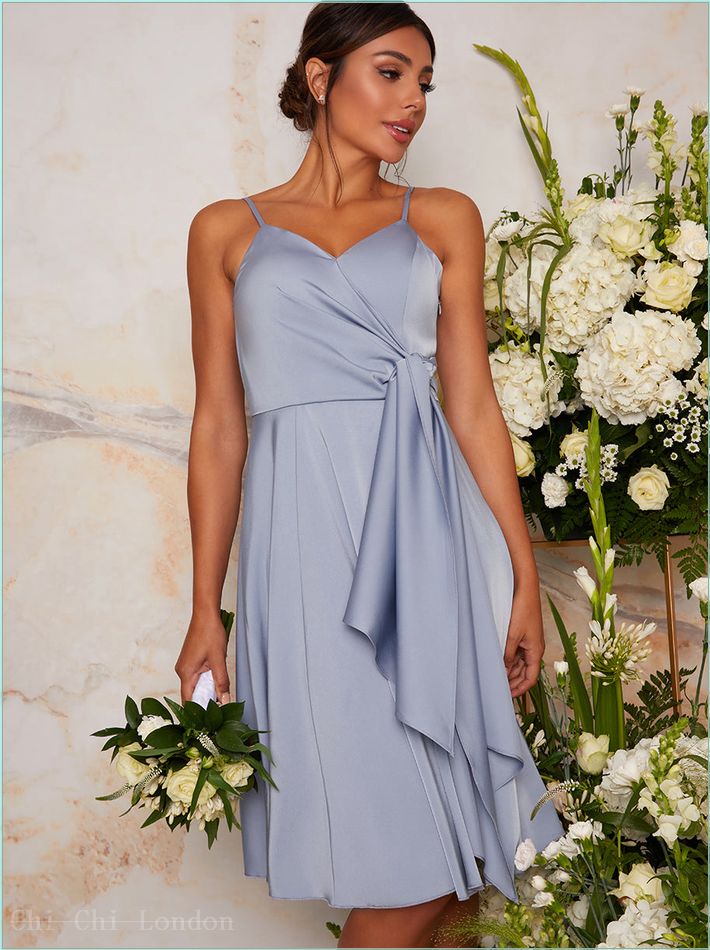  Satin Cami Strap Wrap Midi Dress in Blue 2057BL