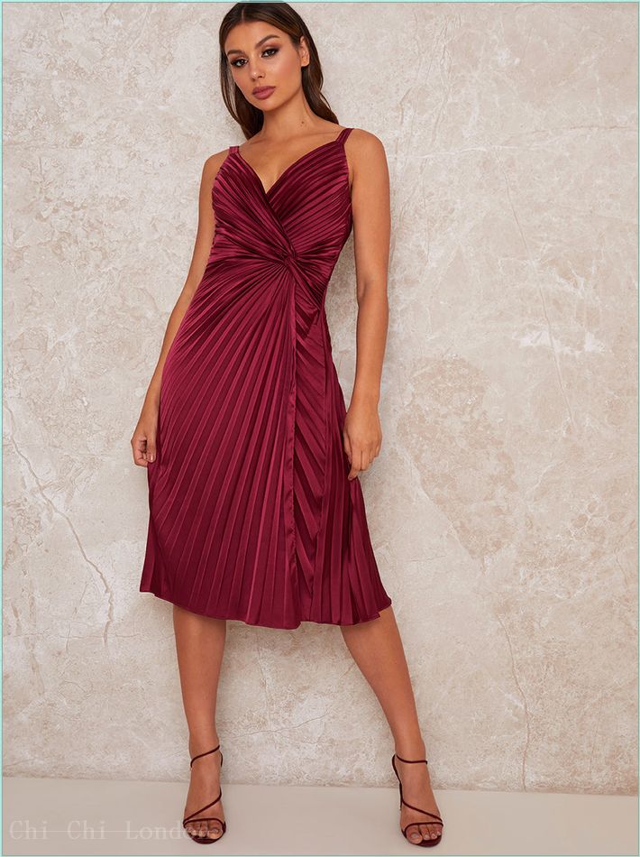  Satin Finish Cami Strap Pleated Midi Dress in berry 52974BER