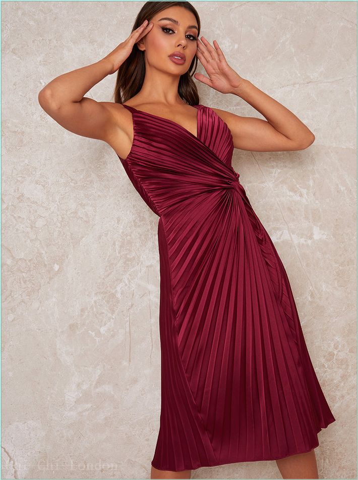  Satin Finish Cami Strap Pleated Midi Dress in berry 52974BER