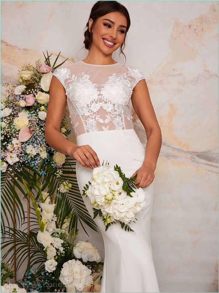  Sheer Floral Lace Wedding Dress in White 53141WH