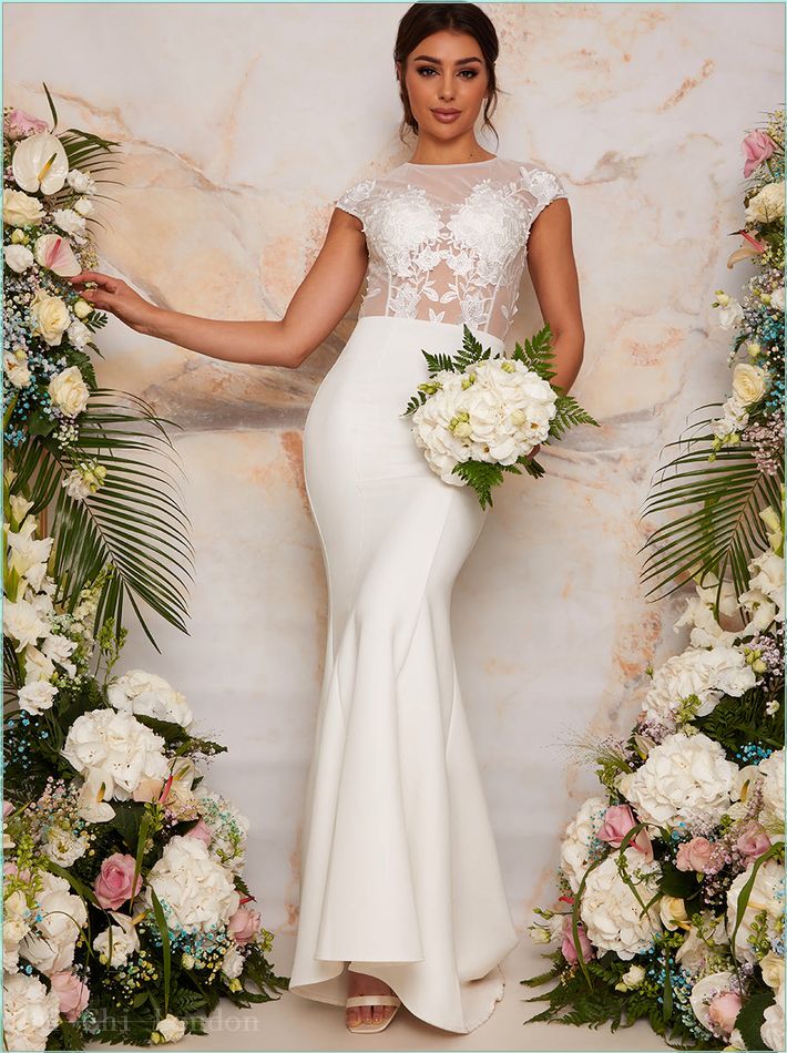  Sheer Floral Lace Wedding Dress in White 53141WH