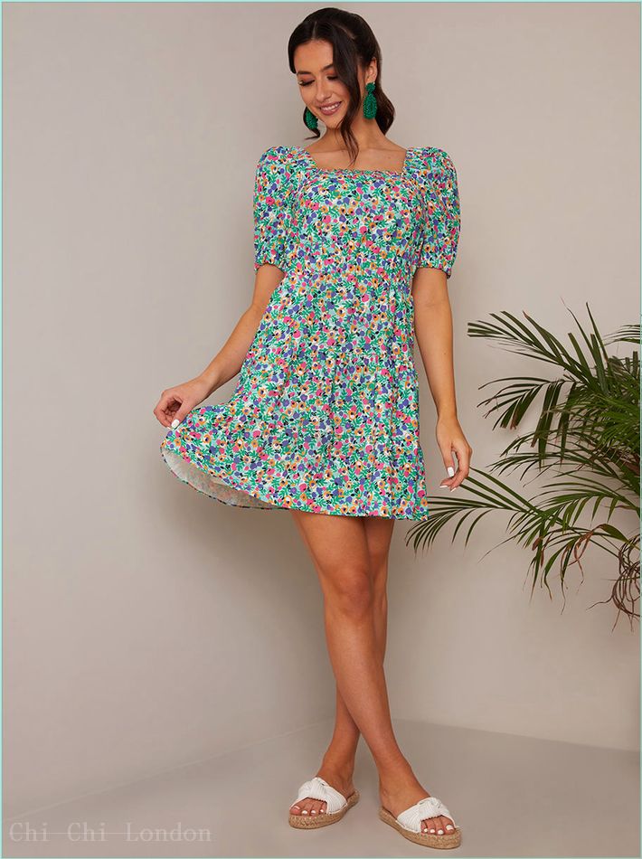  Short Sleeve Cross-Back Floral Mini Dress in Green TP251GR