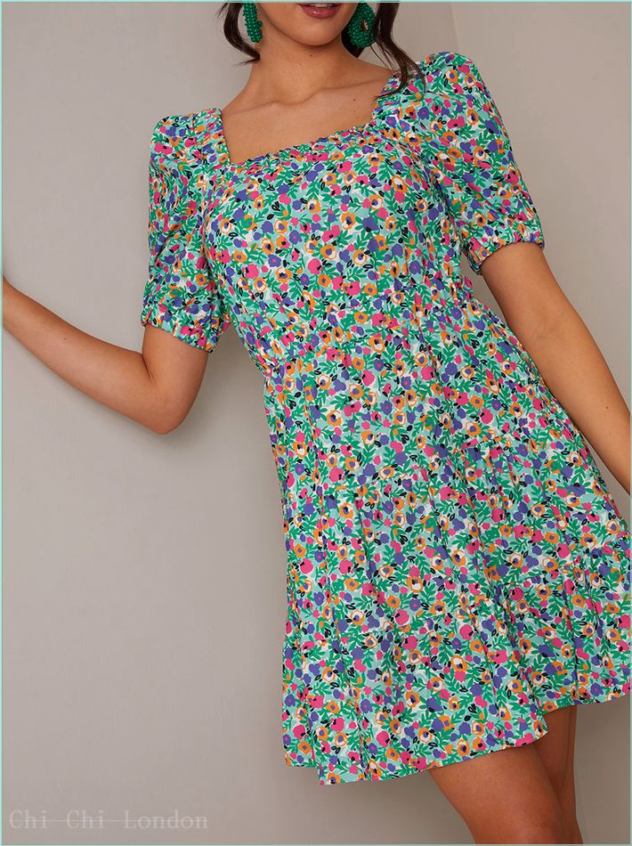  Short Sleeve Cross-Back Floral Mini Dress in Green TP251GR