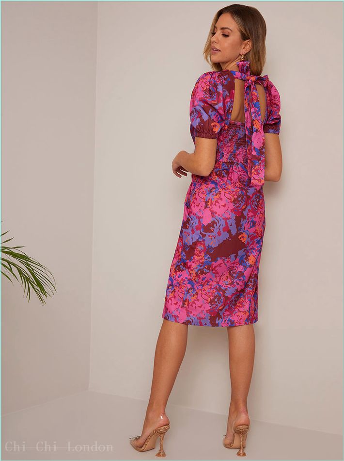  Short Sleeve Floral Midi Dress in Pink DRS11BUR