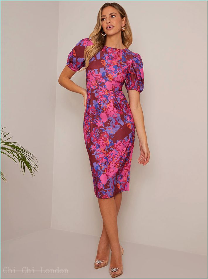  Short Sleeve Floral Midi Dress in Pink DRS11BUR