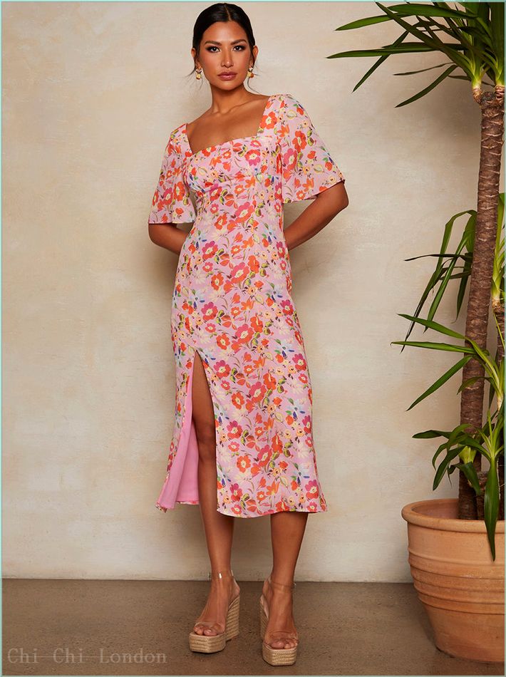  Short Sleeve Square Neck Floral Midi Dress in Pink FA91025FPI