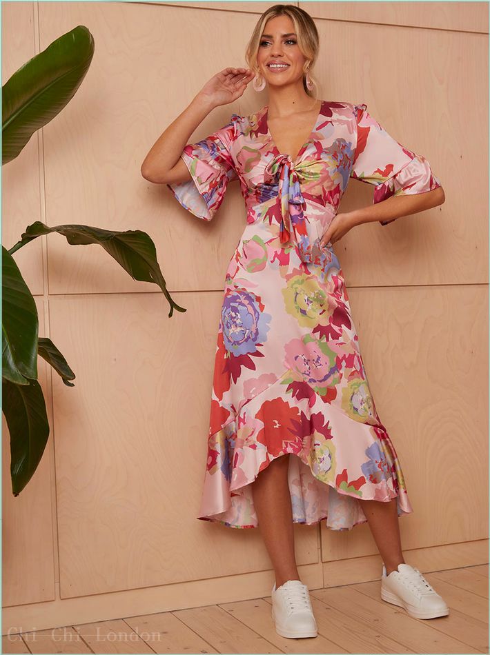  Short Sleeve Tie Front Floral Midi Dress in Pink FA23103PI