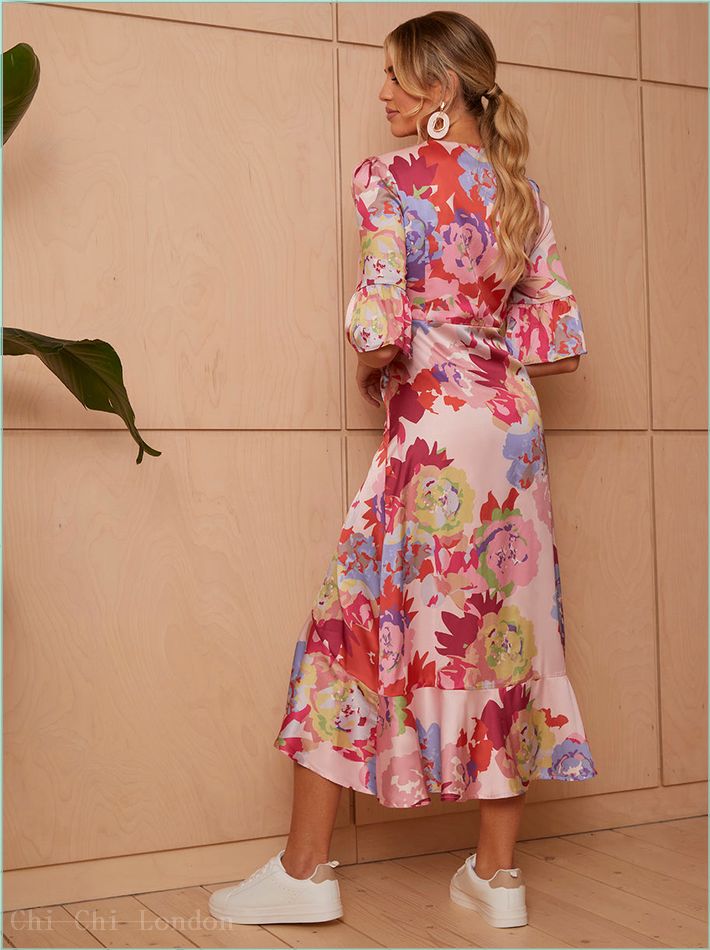  Short Sleeve Tie Front Floral Midi Dress in Pink FA23103PI