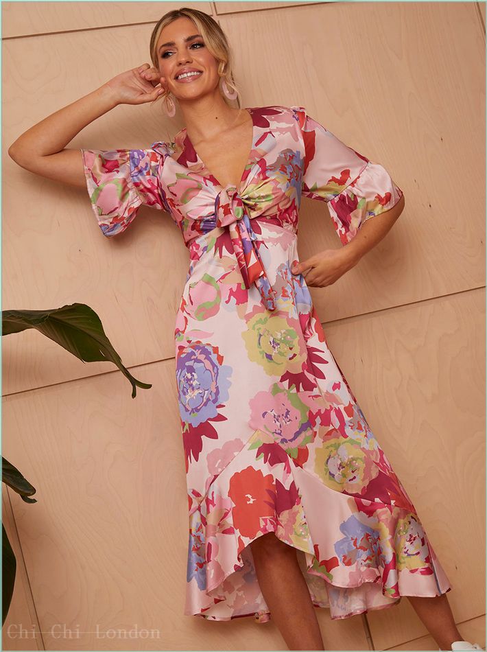  Short Sleeve Tie Front Floral Midi Dress in Pink FA23103PI