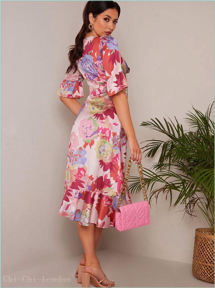  Short Sleeve Tie Front Floral Midi Dress in Pink FA23103PI