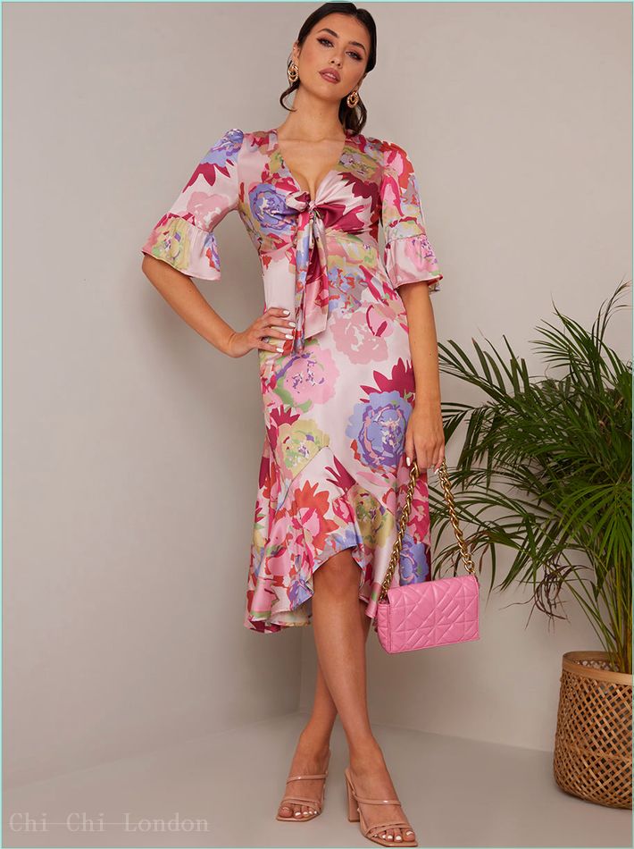  Short Sleeve Tie Front Floral Midi Dress in Pink FA23103PI